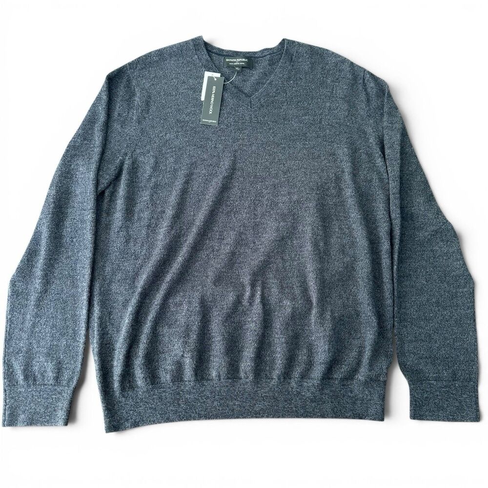 Banana Republic 100% Merino Wool V Neck Sweater Men Large Gray Pullover NWT New